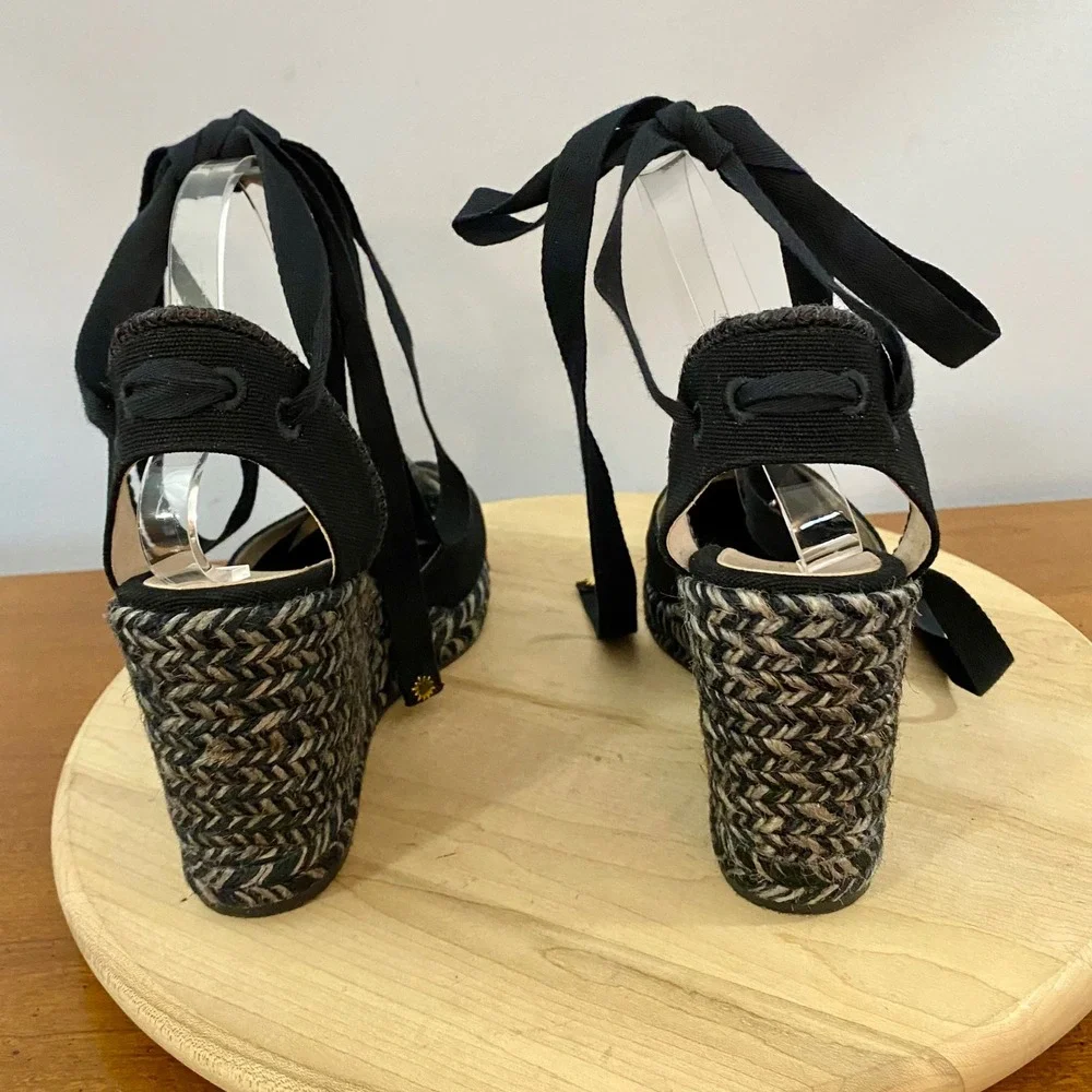 Stuart Weitzman Marguerita Espadrille Wedge Sandals Black Ankle Tie Wrap Sz 8.5C